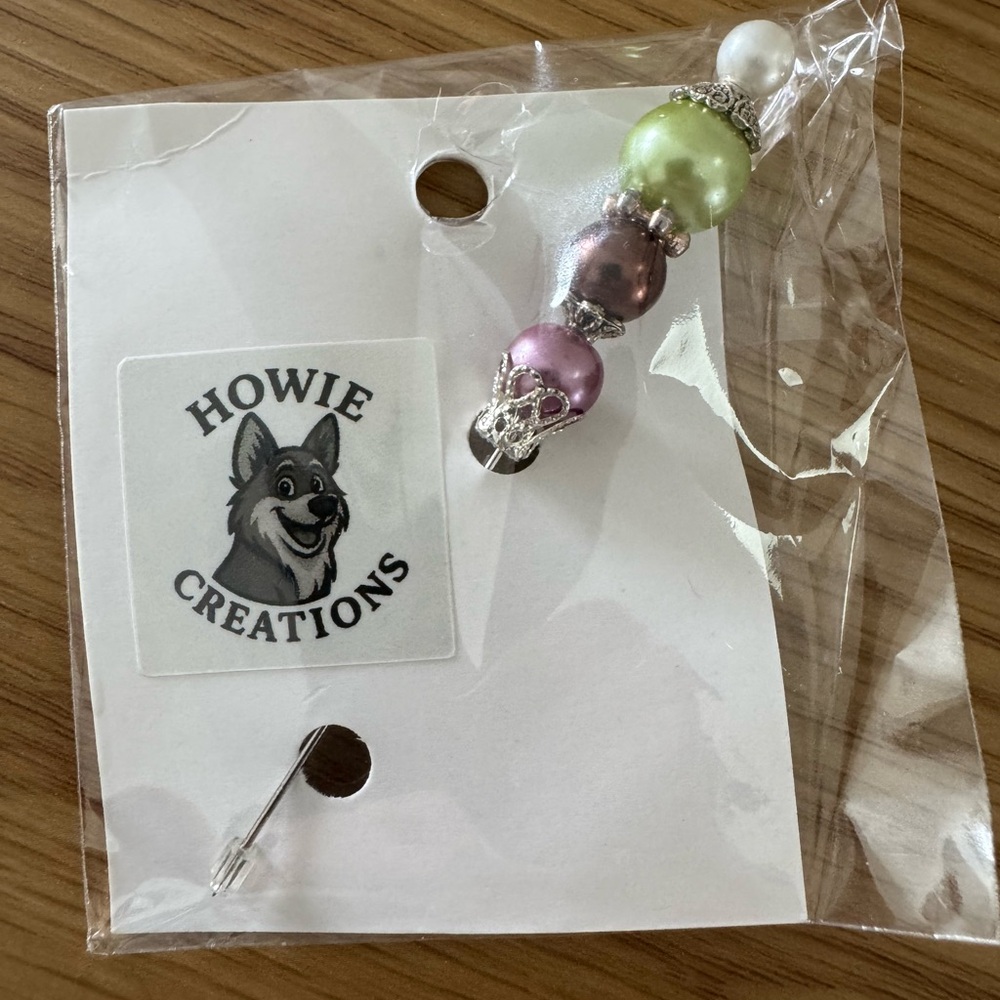 Howie Creations Green, Silver & Purple Beaded Stick Pin - NWOT